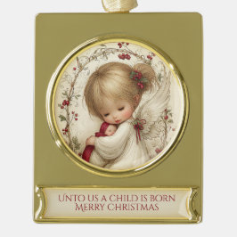 Ons is een Kind geboren – Engelen Kerst Verguld Banner Ornament