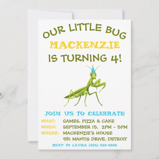 Ons kleine beestje, bidsprinkhaan, verjaardagsfees kaart (Voorkant)