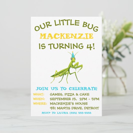 Ons kleine beestje, bidsprinkhaan, verjaardagsfees kaart (Staand voorkant)