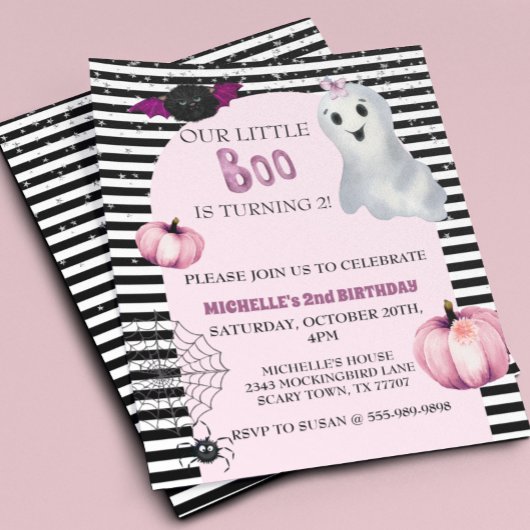 Ons kleine Boo Cute Ghost Pink Birthday party Invi Flyer