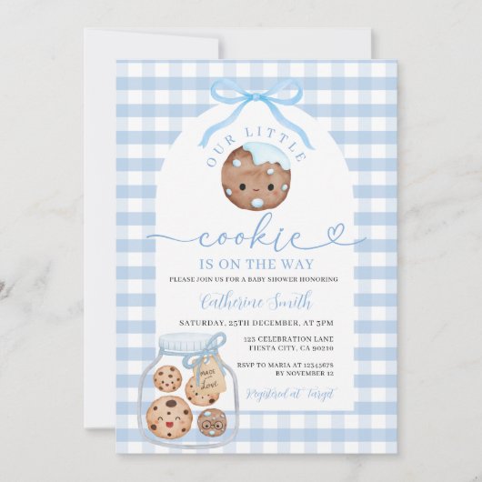 Ons kleine cookie Baby shower in Jar Blue Gingham Kaart (Voorkant)