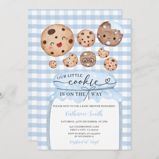 Ons kleine cookie Baby shower in Jar Blue Gingham Kaart (Voorkant / Achterkant)