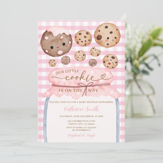 Ons kleine cookie Baby shower in Jar Pink Gingham Kaart (Staand voorkant)