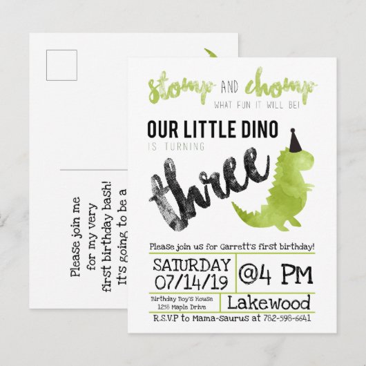 Ons kleine Dino Birthday Green Dinosaur Theme Boy Uitnodiging Briefkaart (Voorkant / Achterkant)