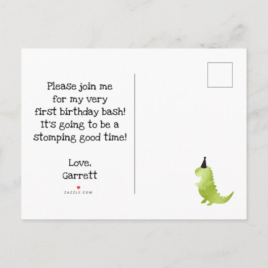 Ons kleine Dino Birthday Green Dinosaur Theme Boy Uitnodiging Briefkaart (Achterkant)