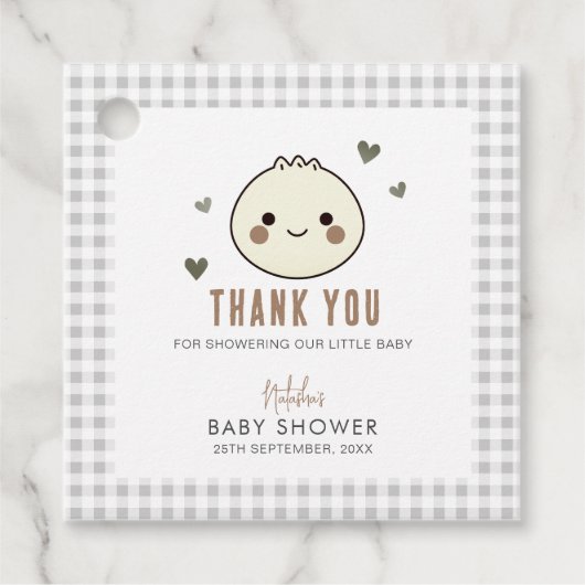 Ons kleine Dumpling Genderneutraal Baby shower Bedankjes Labels (Voorkant)