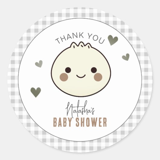 Ons kleine Dumpling Genderneutraal Baby shower Ronde Sticker (Voorkant)