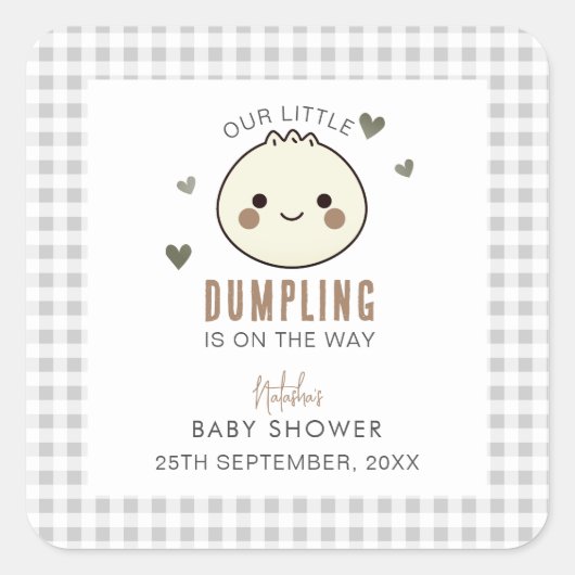 Ons kleine Dumpling Genderneutraal Baby shower Vierkante Sticker (Voorkant)