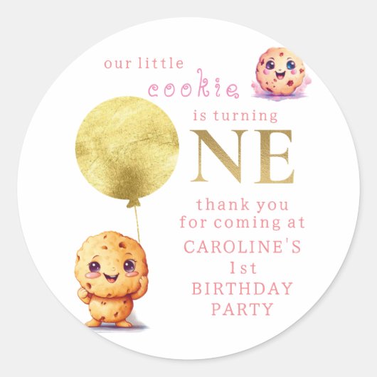 Ons kleine koekje wordt een leuke 1e verjaardag ronde sticker (Voorkant)