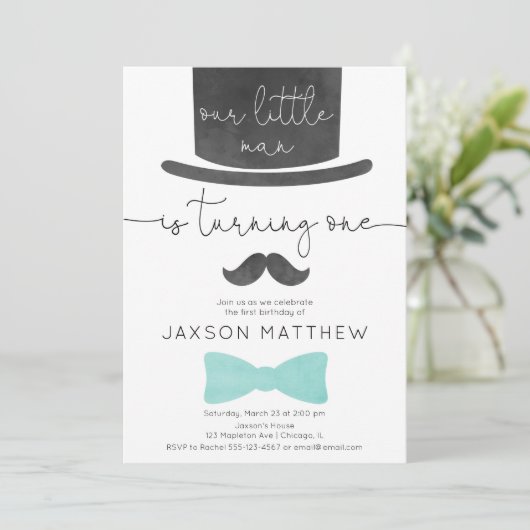 Ons kleine man turkooise aqua jongen op 1 verjaard kaart (Staand voorkant)