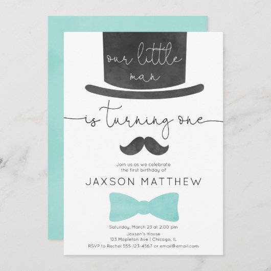 Ons kleine man turkooise aqua jongen op 1 verjaard kaart (Voorkant / Achterkant)