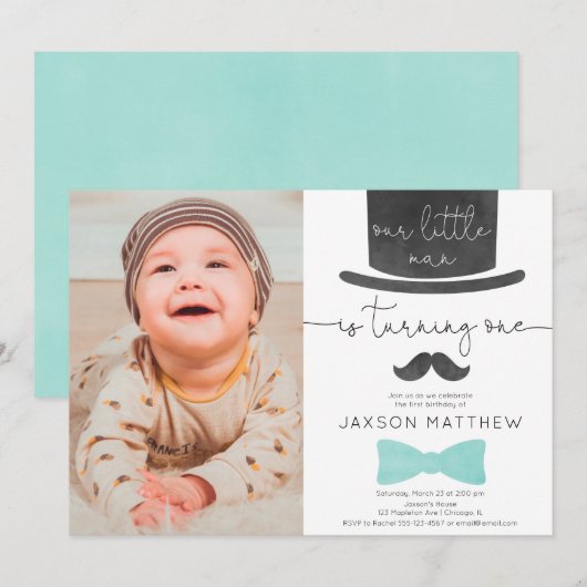 Ons kleine man turquoise aqua 1e verjaardagsfoto kaart (Voorkant / Achterkant)