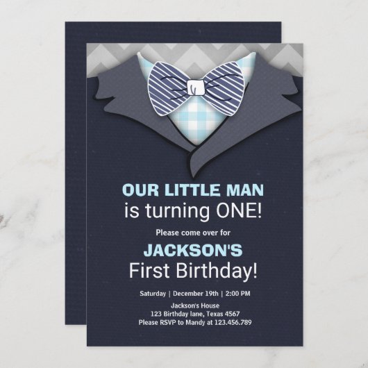 Ons kleine Man Verjaardag Uitnodiging Jongen Bow S (Voorkant / Achterkant)