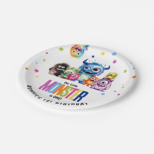 Ons kleine monster 1e verjaardagsfeest papieren bordje (Gekanteld)