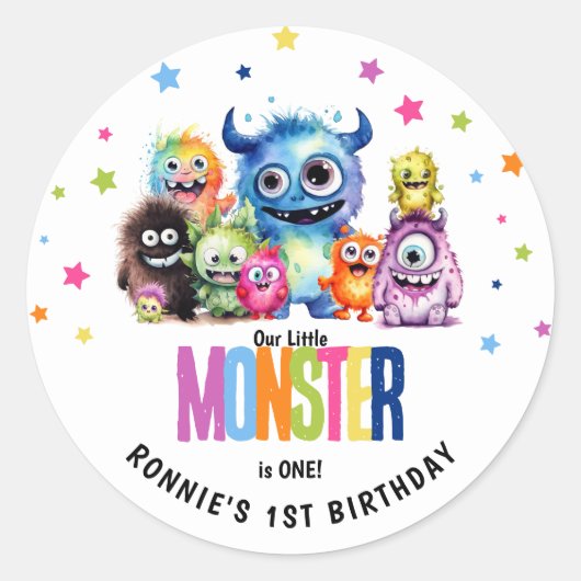 Ons kleine monster 1e verjaardagsfeest ronde sticker (Voorkant)