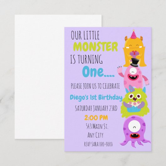 Ons kleine monster draait om één uitnodiging (Voorkant / Achterkant)