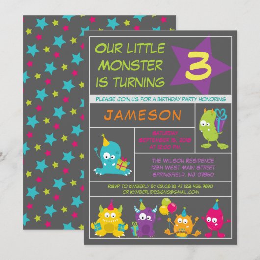 Ons kleine monster is een verjaardagsuitnodiging a kaart (Voorkant / Achterkant)