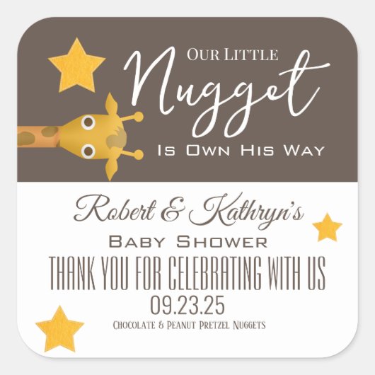 "Ons kleine nugget"-Baby shower voor voedseletiket Vierkante Sticker (Voorkant)