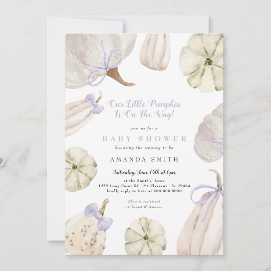 Ons kleine pompoen Paars Bow Rustisch Baby shower Kaart (Voorkant)