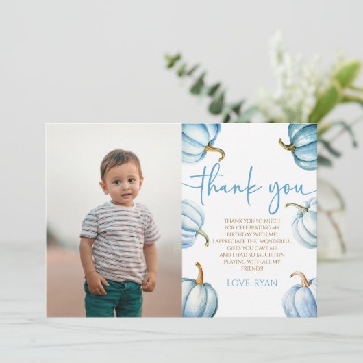 Ons kleine pompoenblauw Afbeelding verjaardagsfees Bedankkaart (Staand voorkant)