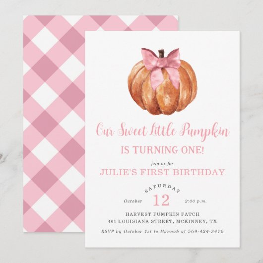 Ons kleine pompoenmeisje voor de eerste verjaardag kaart (Voorkant / Achterkant)