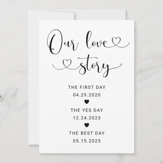 Ons liefdesverhaal Black Heart Script Trouwbord Kaart (Voorkant)