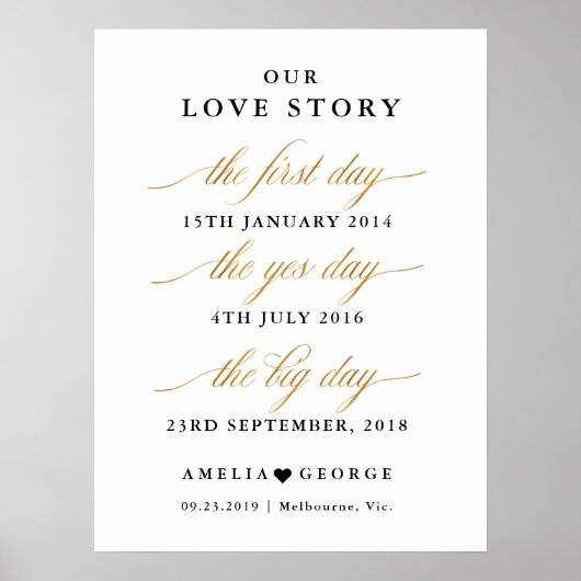 Ons liefdesverhaal goudfaux trouwdatumteken poster (Voorkant)