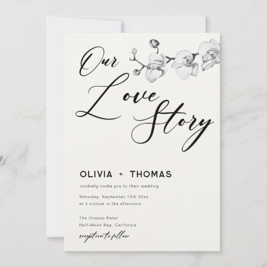 Ons Liefdesverhaal Modern Zwart Wit Orchideeën Bru Kaart (Voorkant)