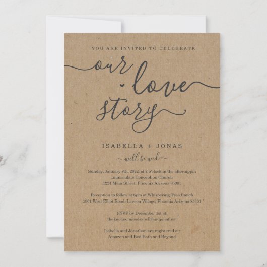 Ons liefdesverhaal RSVP & Registry All-in-One Wedd Kaart (Voorkant)