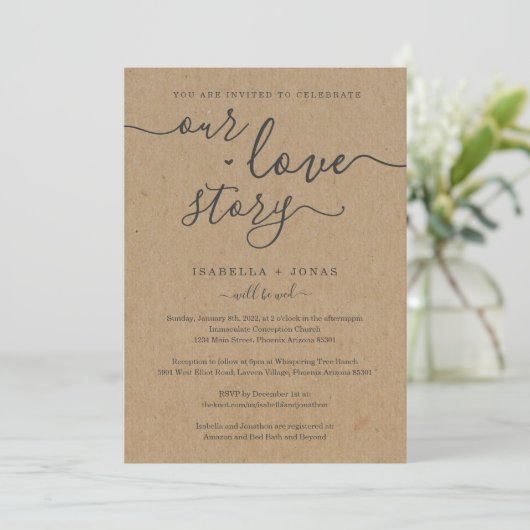 Ons liefdesverhaal RSVP & Registry All-in-One Wedd Kaart (Staand voorkant)