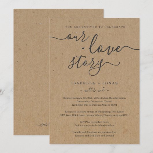 Ons liefdesverhaal RSVP & Registry All-in-One Wedd Kaart (Voorkant / Achterkant)