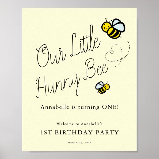 Ons 'Little Hunny Bee Girl Birthday Welcome Sign' Poster (Voorkant)