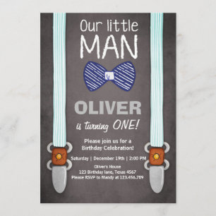 Ons 'Little Man Birthday Invitation Boy Bow Stropd Kaart