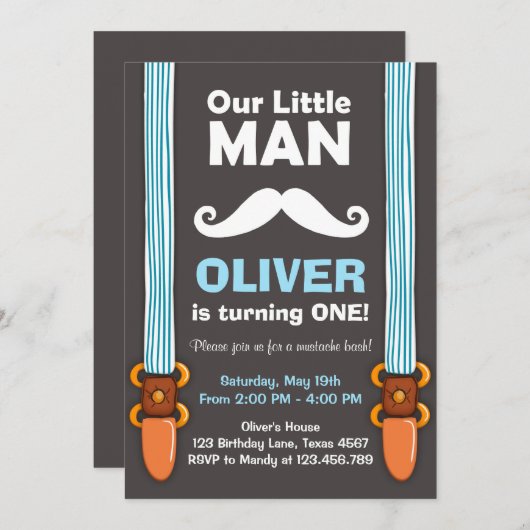 Ons 'Little Man Birthday Invitation Boy Bow Stropd Kaart (Voorkant / Achterkant)