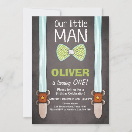 Ons 'Little Man Birthday Invitation Boy Bow Stropd Kaart (Voorkant)