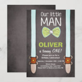 Ons 'Little Man Birthday Invitation Boy Bow Stropd Kaart (Voorkant / Achterkant)