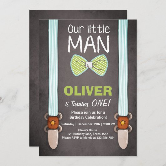 Ons 'Little Man Birthday Invitation Boy Bow Stropd Kaart (Voorkant / Achterkant)