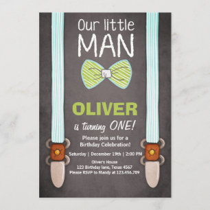 Ons 'Little Man Birthday Invitation Boy Bow Stropd Kaart