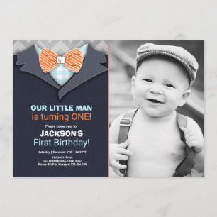 Ons 'Little Man Birthday Invitation Boy Bow Stropd Kaart