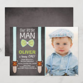 Ons 'Little Man Birthday Invitation Boy Bow Stropd Kaart (Voorkant / Achterkant)