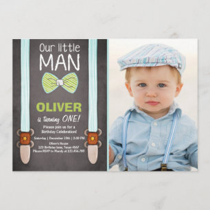 Ons 'Little Man Birthday Invitation Boy Bow Stropd Kaart