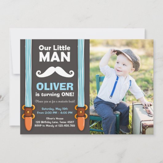 Ons 'Little Man Birthday Invitation Boy Bow Stropd Kaart (Voorkant)