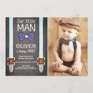 Ons 'Little Man Birthday Invitation Boy Bow Stropd Kaart