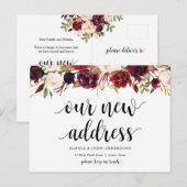 Ons nieuwe adres, bordeaux bloemen, aankondiging briefkaart (Voorkant / Achterkant)