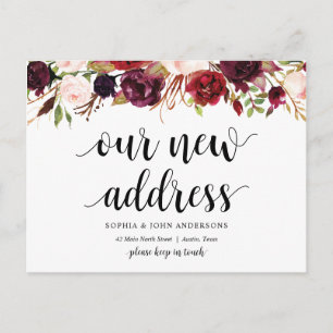 Ons nieuwe adres, bordeaux bloemen, aankondiging briefkaart