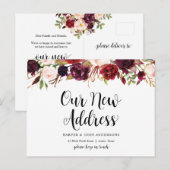 Ons nieuwe adres, burgundy floral, Aankondiging Briefkaart (Voorkant / Achterkant)