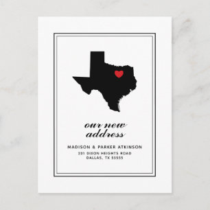 Ons nieuwe adres in TX Markeer je stad W/hart Briefkaart