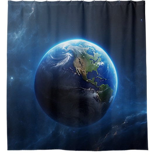 Ons saffier huis in de ruimte douchegordijn (Voorkant)