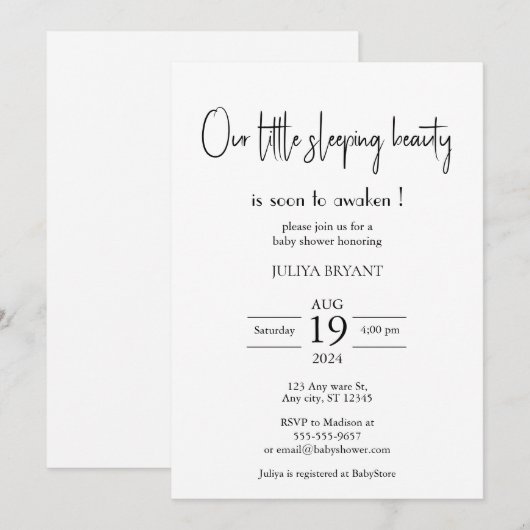 Ons slaapschoonheid minimalistisch baby shower kaart (Voorkant / Achterkant)