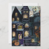 Ons spookhuis" Paarse maanlicht Halloween Feestdagenkaart (Achterkant)